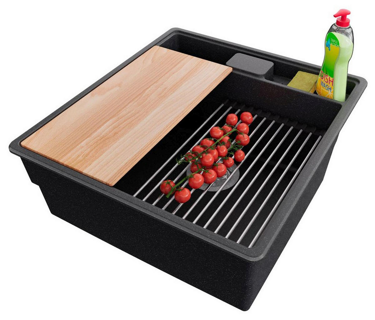 SPÜLBECKEN New York, 2-er set Anthrazit 48/53 cm 1 Becken + Ablauf-Set + Küchenzubehörset ab 50er Unterschrank - Chromfarben/Anthrazit, Kunststoff (48/20/53cm) - Primagran