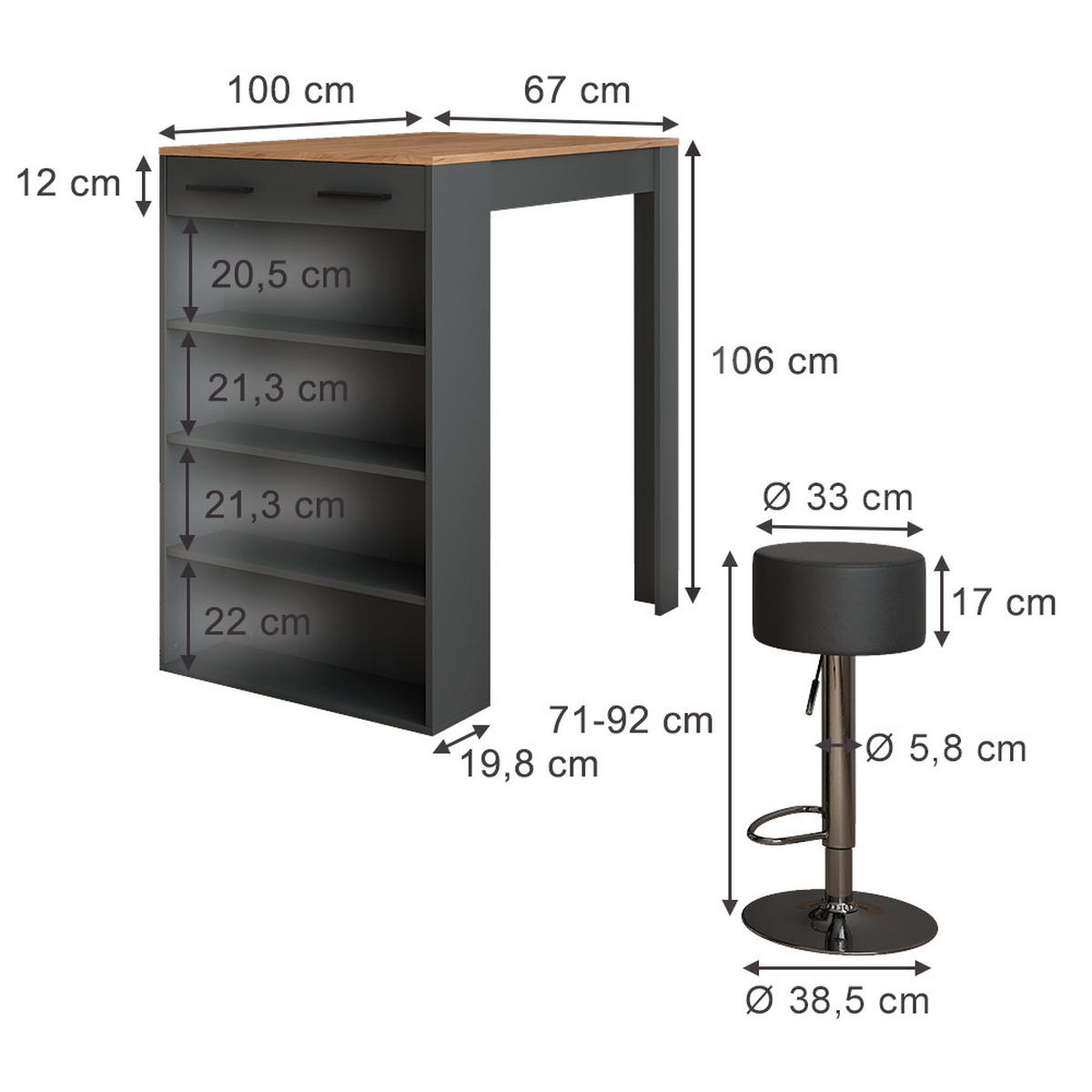 STOJACÍ BAROVÝ STŮL SE ŽIDLEMI Repose Antracit - medově dubová/antracitová, kompozitní dřevo (100/67/106cm) - Vicco