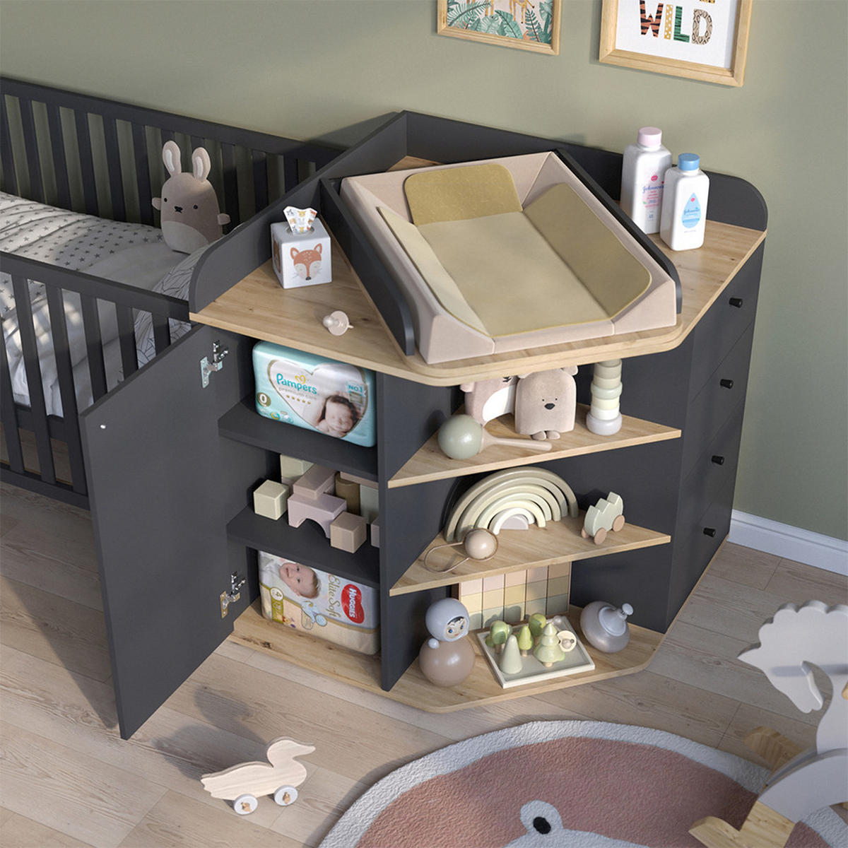 WICKELKOMMODE Aria Anthrazit 85 x 90 cm mit Regalen und 4 Schubladen - Anthrazit, Holzwerkstoff (85/90/85cm) - Vicco