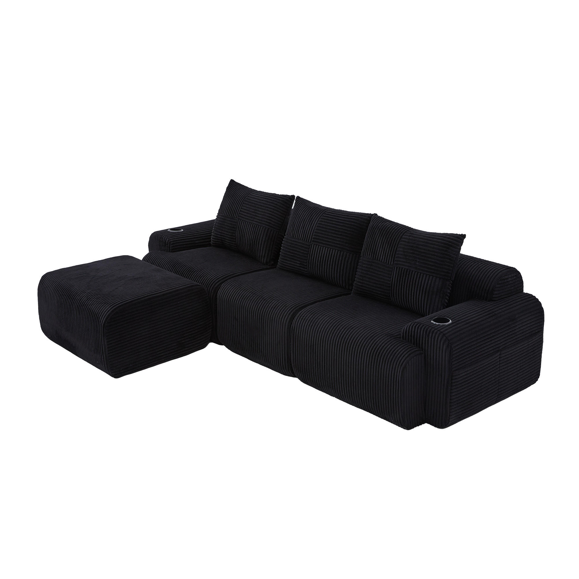 3-SITZER Modulsofa aus Cord 268x174x80 cm mit Cupholder & Seitentasche, schwarz - Schwarz, Textil (174/80/268cm)