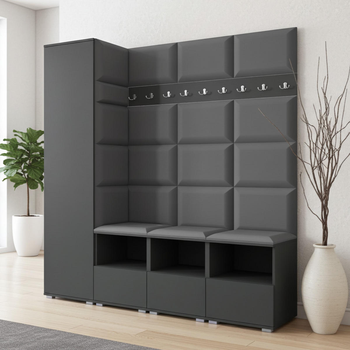 GARDEROBE NELA IX 200 cm (Modulare Flurmöbel Graphit mit Sitzpolster Dunkelgrau 15 Breite Sitzbank) - Dunkelgrau/Silberfarben, Holz/Holzwerkstoff (200/187/40cm) - Ravio