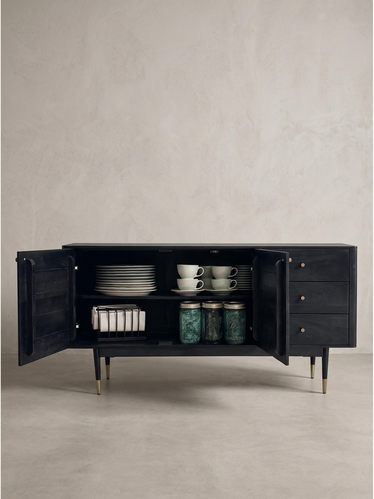 KOMMODE PANAREA, Akazie Massivholz, mit Stauraum, Schwarz, 160 x 42 x 81 cm - Schwarz, Holz/Metall (160/81/42cm) - KADIMA DESIGN