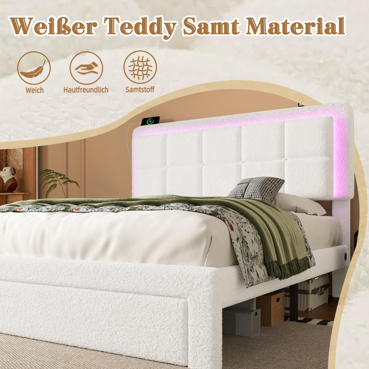 POLSTERBETT 160/200 cm weiß Teddy mit verstellbarem Kopfteil und USB-Anschluss - Weiß, Textil (160/200cm) - OKWISH