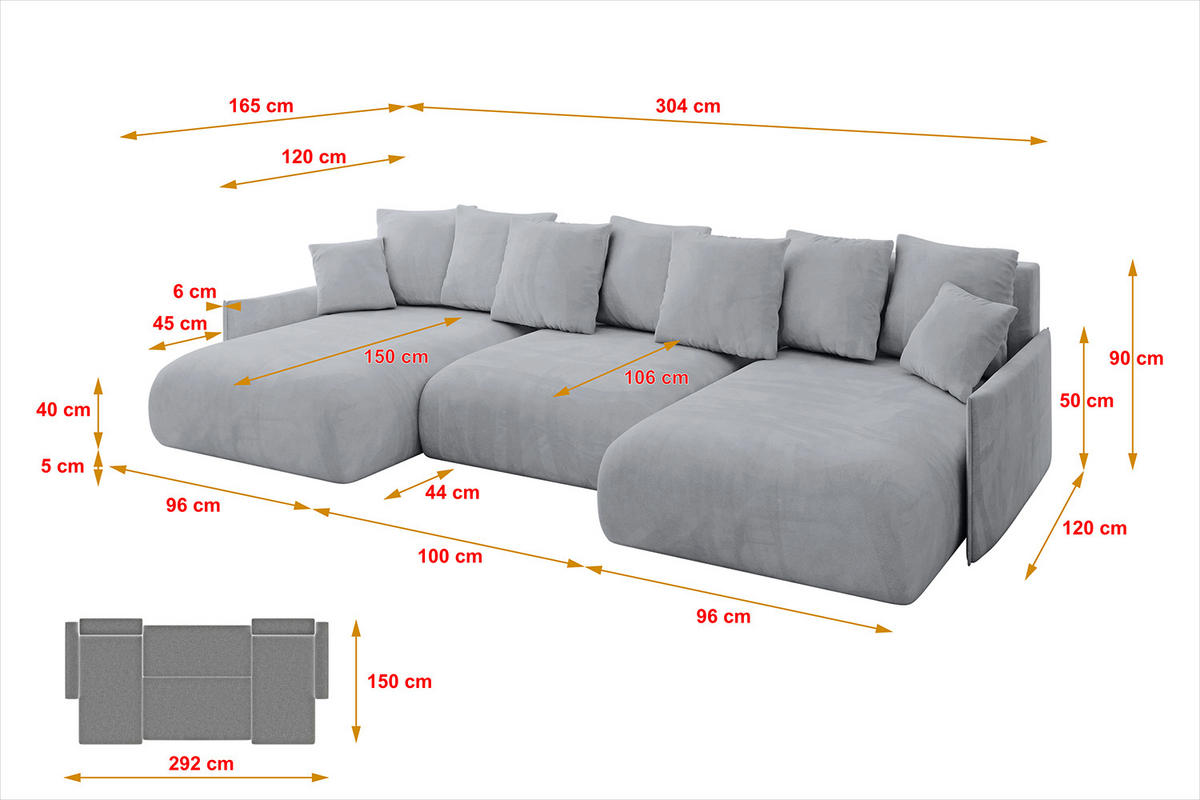 WOHNLANDSCHAFT mit Schlaffunktion und Bettkasten ONESK-U-v1 304x165x40 Hellgrau Velours - Hellgrau, Holzwerkstoff/Kunststoff (304/90/165cm) - ALTDECOR