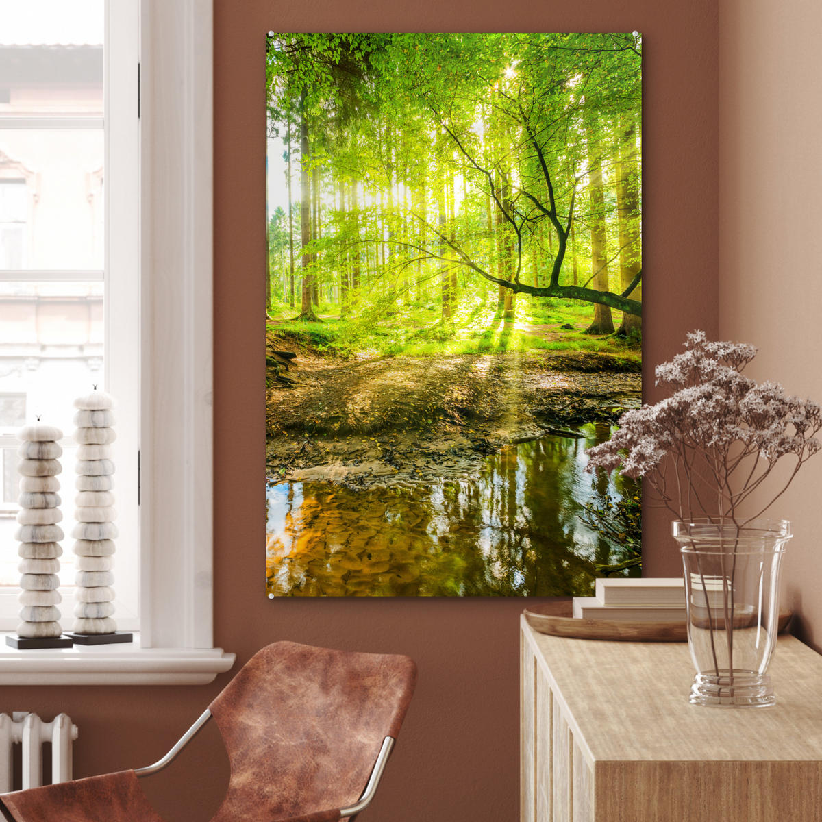 ACRYLGLASBILD Wald - Landschaft - Wasser - Bäume - Sonne - Grün - Natur 60x90 cm - Grün, Glas (60/90cm) - MuchoWow