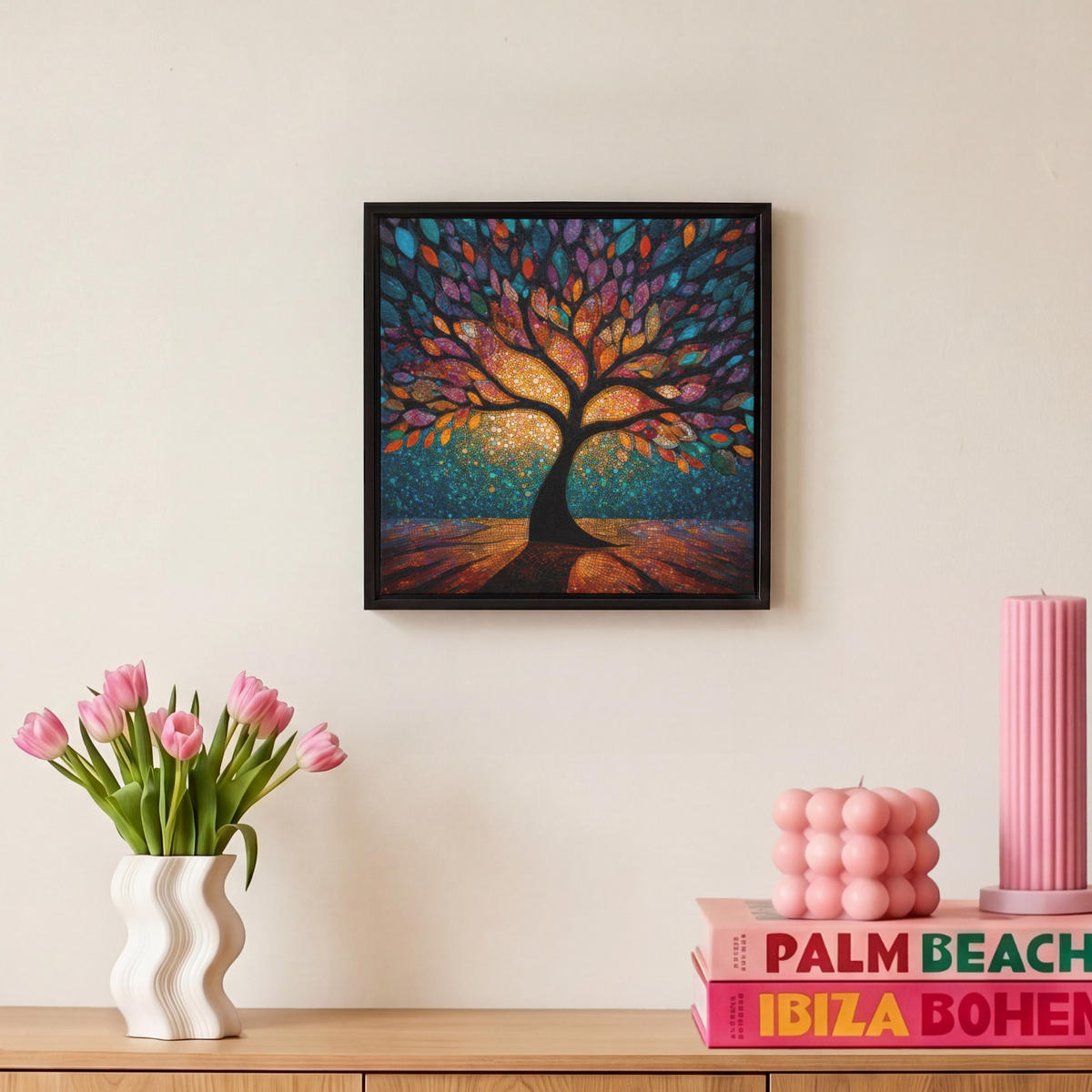 LEINWAND Bilder mit Rahmen - Mosaik - Bunt - Baum - Äste - 20x20 - Multicolor, Textil (20/20cm) - MuchoWow