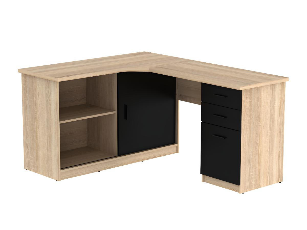 ECKSCHREIBTISCH mit 2 Türen & 2 Schubladen - Eichefarben & Schwarz - NORWY - Schwarz, Holz (150/120/75cm) - Vente-Unique