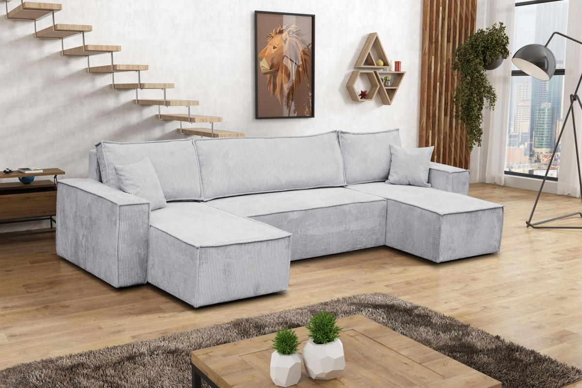 WOHNLANDSCHAFT Hugo U-Form Cordstoff mit Schlaffunktion und Bettkasten - Greige, Textil (312/83/142cm) - VENASI MÖBEL