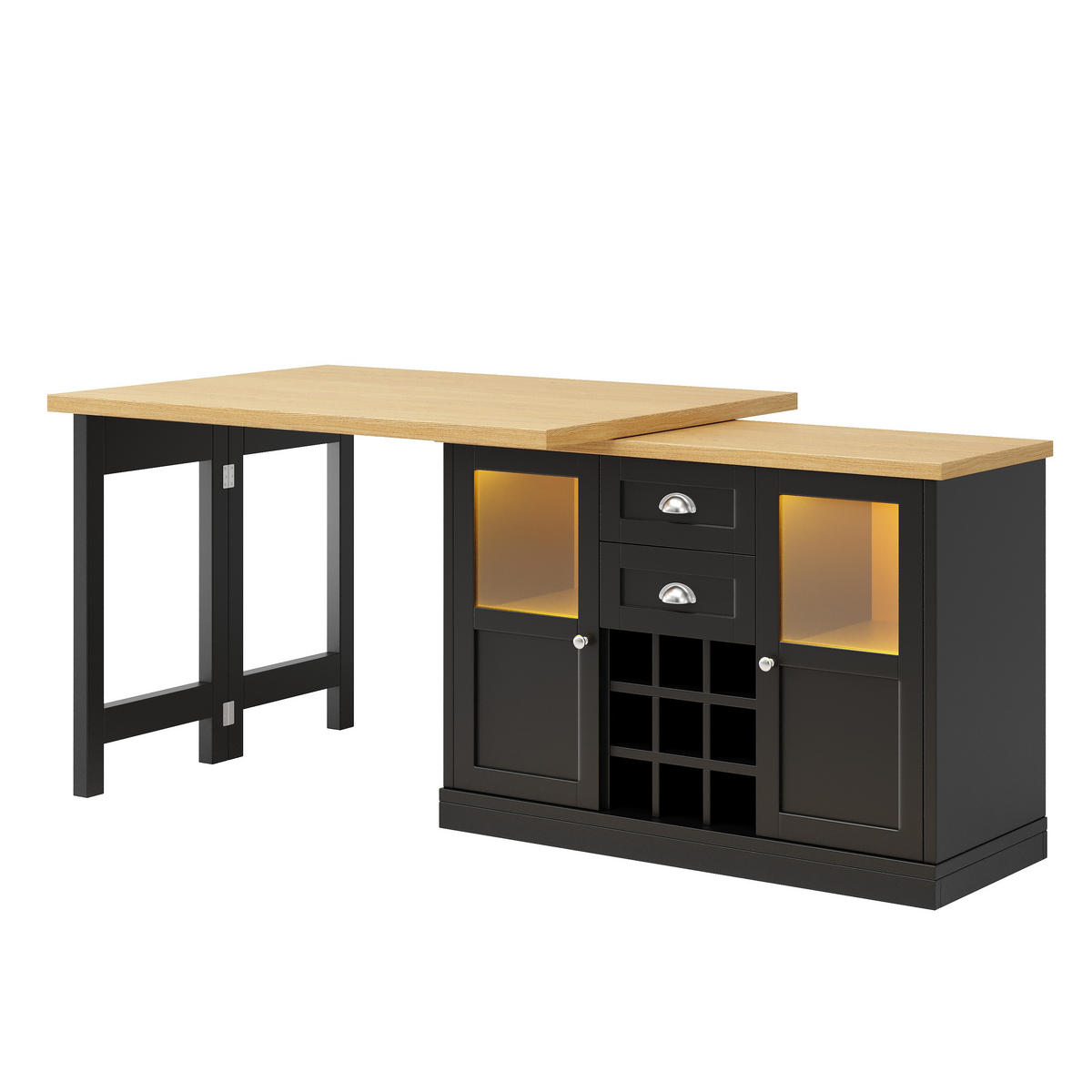 JÍDELNÍ STŮL v černé a přírodní barvě s LED osvětlením a rozkládací deskou do jídelny, Š120/H40/V72 cm - černá, kov/kompozitní dřevo (80/197/74cm) - STILVORA