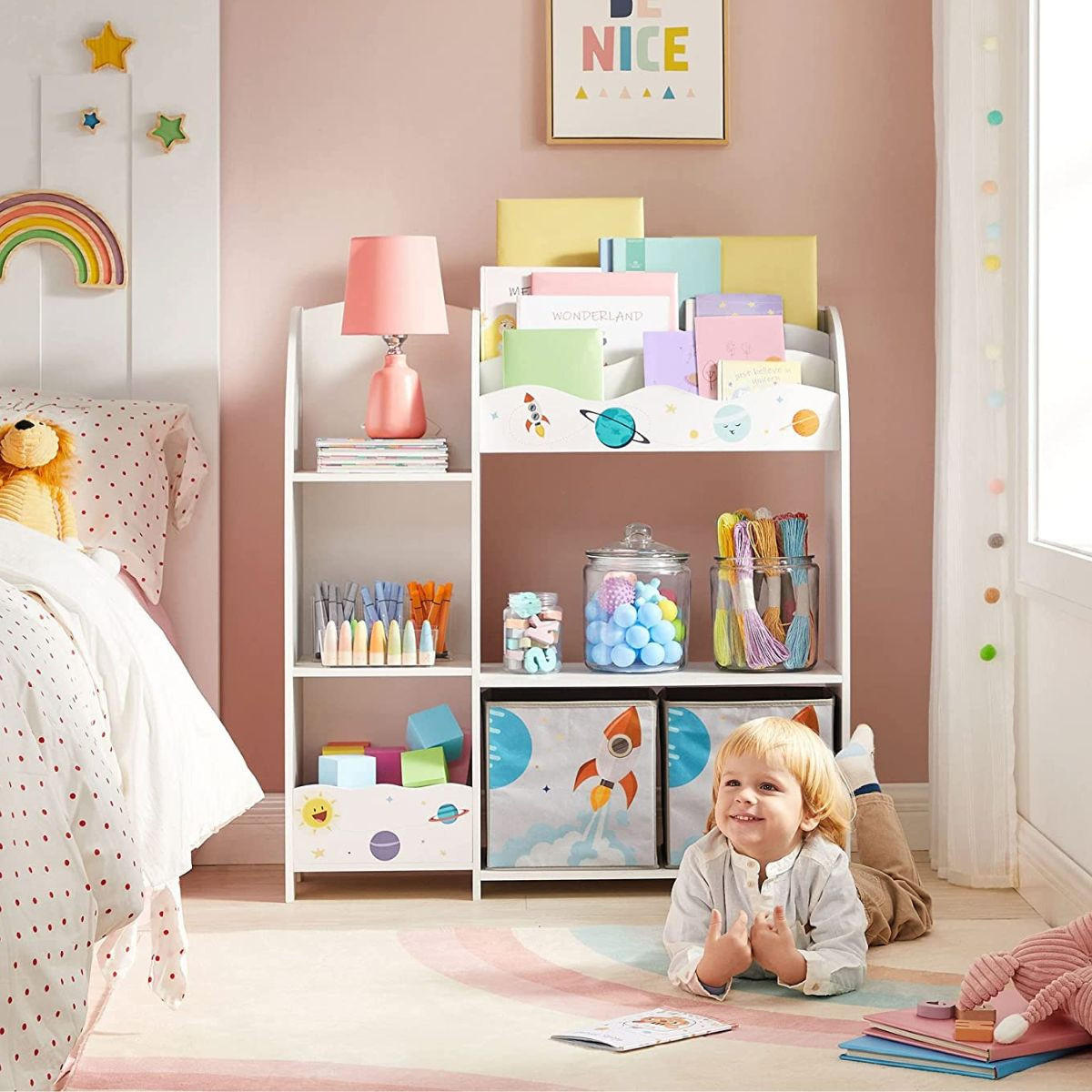 KINDERREGAL mit Buchablage und 2 Aufbewahrungsboxen - Weiß, Holzwerkstoff (30/100/93cm) - Calicosy