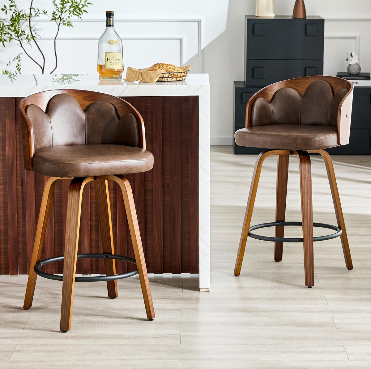 BARHOCKER 2er-Set mit Blüten-Rückenlehne Braun - Braun, Holz (41.5/89/46.5cm) - Meubliv