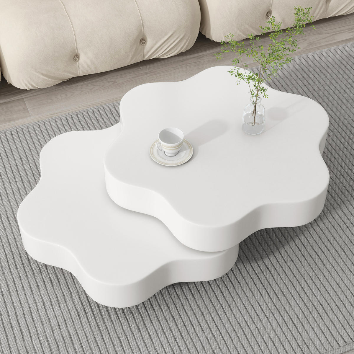 COUCHTISCH 74,8/67,5/31 cm mit 360° drehbarer Platte, Doppelkörper-Design und 2 Ablagen aus MDF, Cremeweiß - Weiß, Holzwerkstoff (74.8/67.5/31cm) - Redom