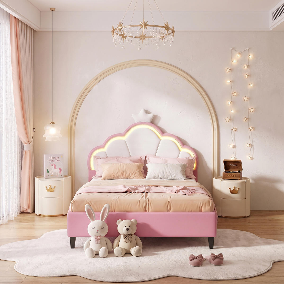 KINDERBETT 140x200 cm mit LED, Kronen-Kopfteil, höhenverstellbar, Samt - Multicolor, Holz/Textil (140/200cm) - GENKI LIVING