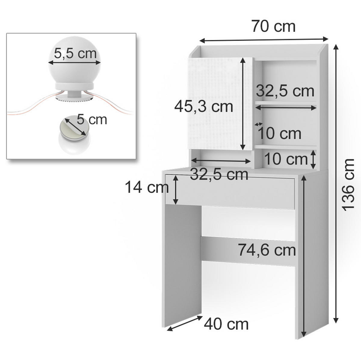 SCHMINKTISCH Laura Weiß 70 cm mit LED Beleuchtung - Weiß, Holzwerkstoff (70/136/40cm) - Vicco