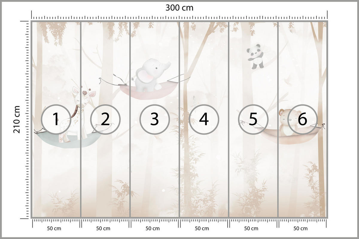 FOTOTAPETE für Kinderzimmer Tiere Hängematten WALD Elefant Giraffe 300x210 - Beige/Schwarz, Papier (300/210cm) - Muralo