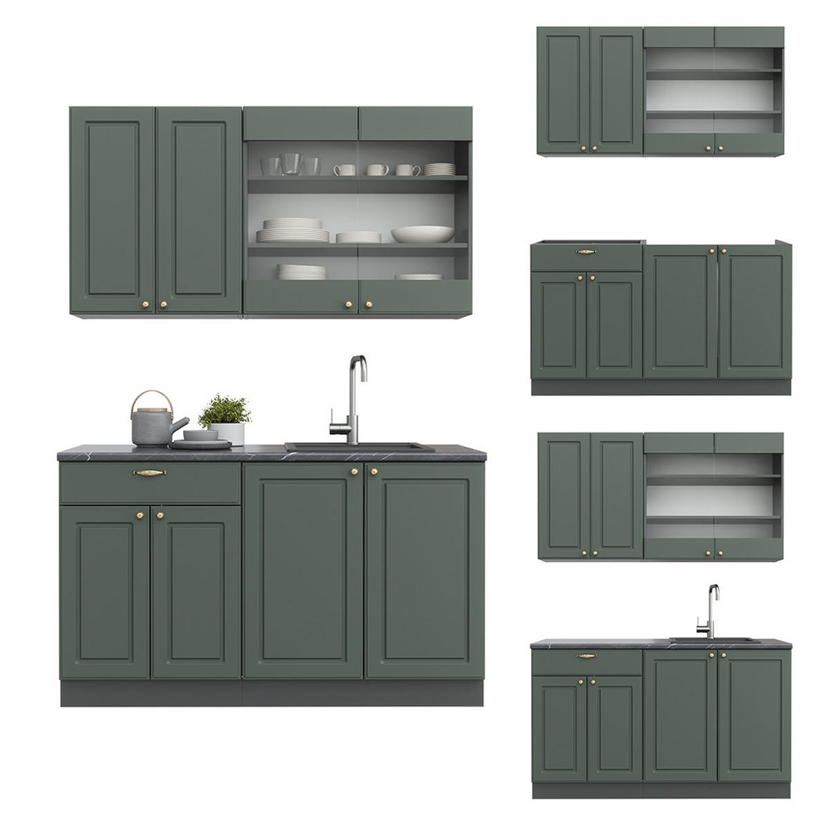 SINGLEKÜCHE Fame-Line Grün-Gold Landhaus/Anthrazit 140 cm ohne AP - Anthrazit/Grün, Holzwerkstoff (140/81.6/46cm) - Vicco