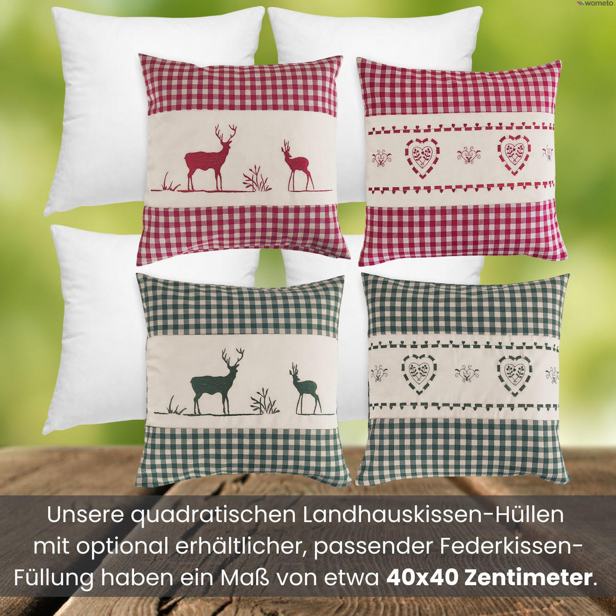 DEKOKISSEN Hirsch grün 40/40 cm Landhaus-Stil mit Reißverschluss inkl. 100% Federkissen - Grün, Textil (40/40cm) - wometo