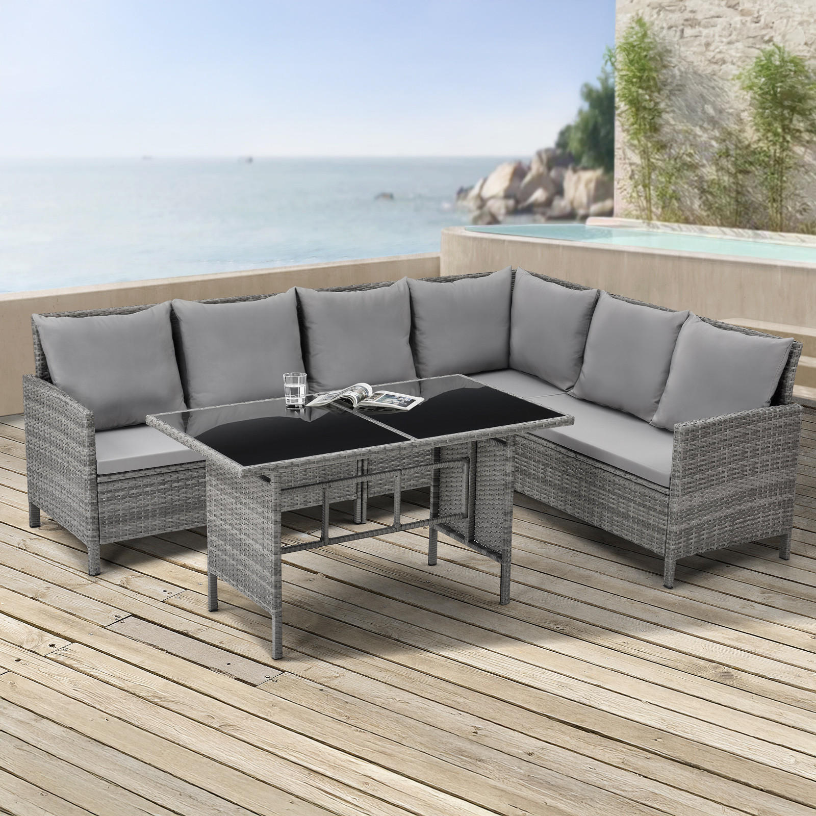 RATTAN-LOUNGE Madison - Grau, Kunststoff - SVITA