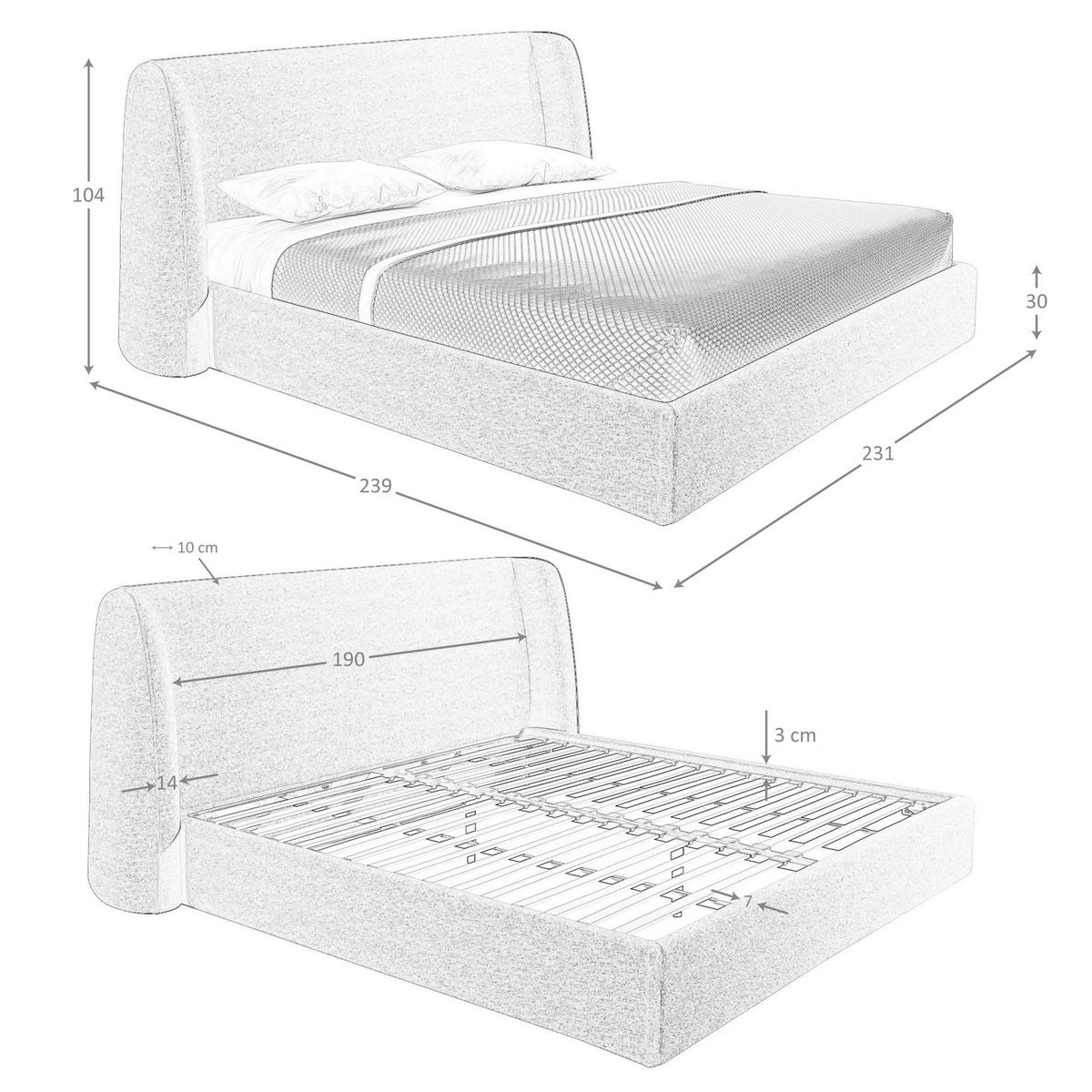 BETT Bett aus dunkelgrauem Stoff 231/239/104 cm - Grau, Textil/Metall (180/200cm) - ANGEL CERDA