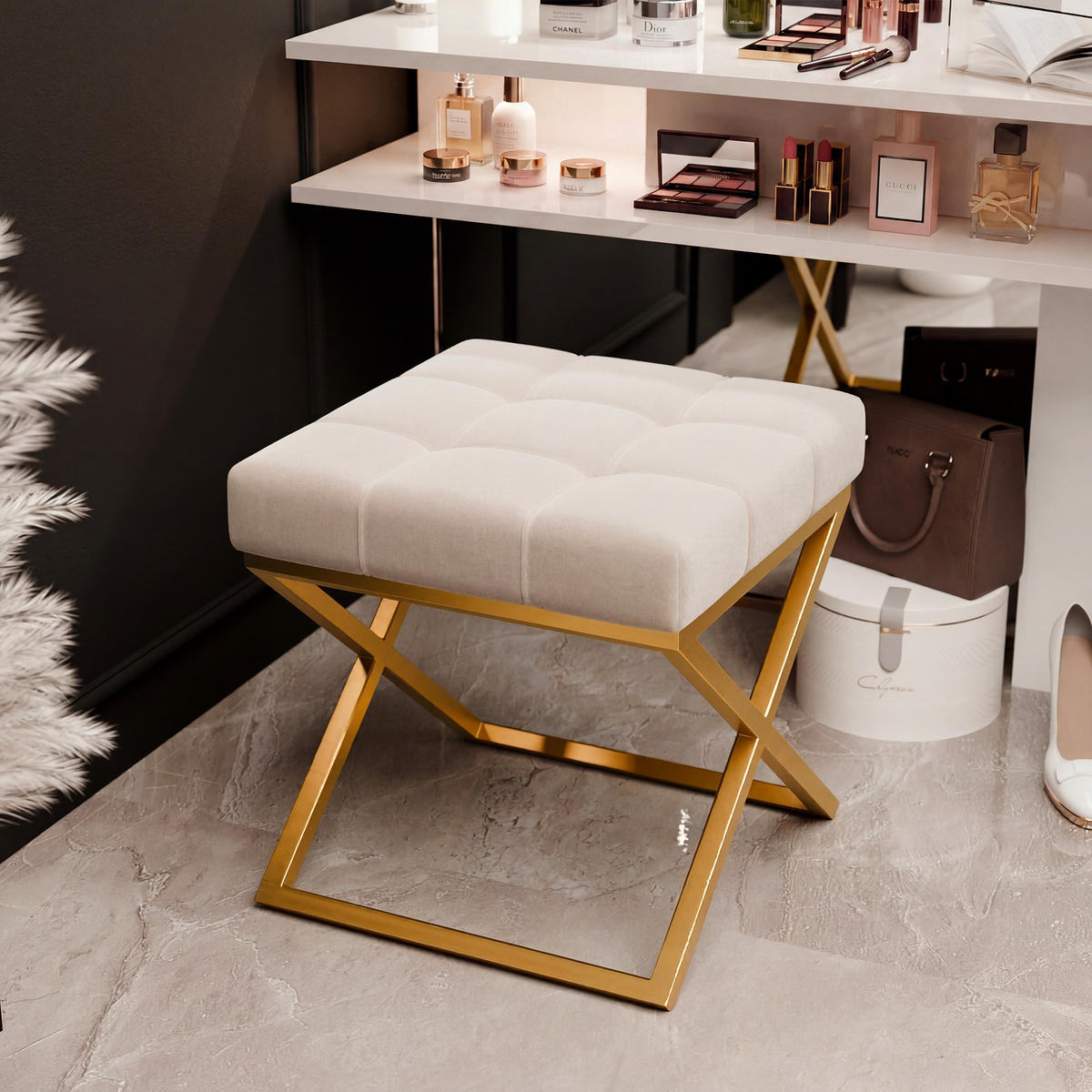 HOCKER LIND 45/45/45 cm, Goldfarben / Beige - Beige/Goldfarben, Textil/Metall (45/45/45cm) - Idohome