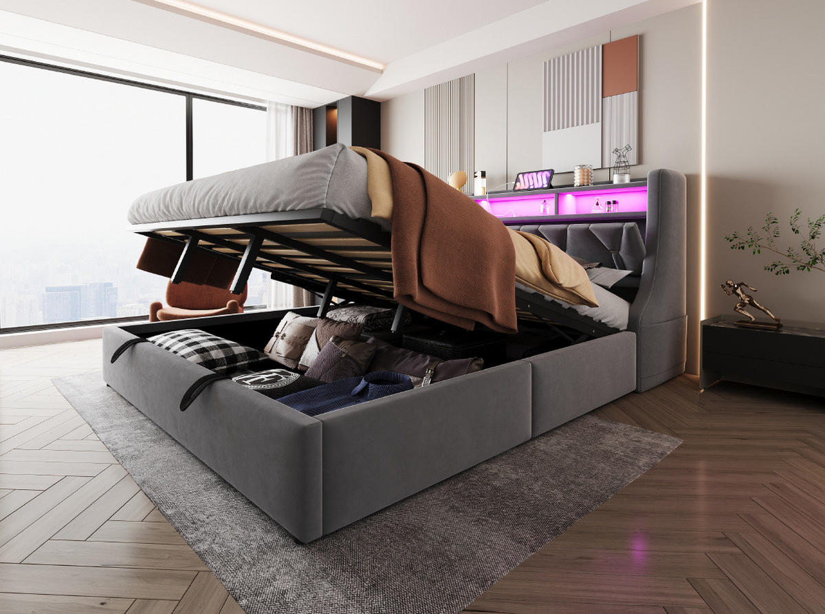 POLSTERBETT 180/200 cm Grau aus Samtstoff mit Stauraum - Grau, Textil (180/200cm) - OKMYHOME