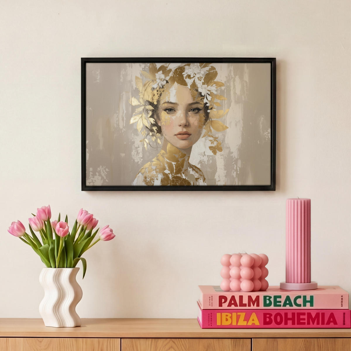 LEINWAND Bilder mit Rahmen - Gesicht - Frau - Blätter - Gold - 30x20 - Beige, Textil (30/20cm) - MuchoWow