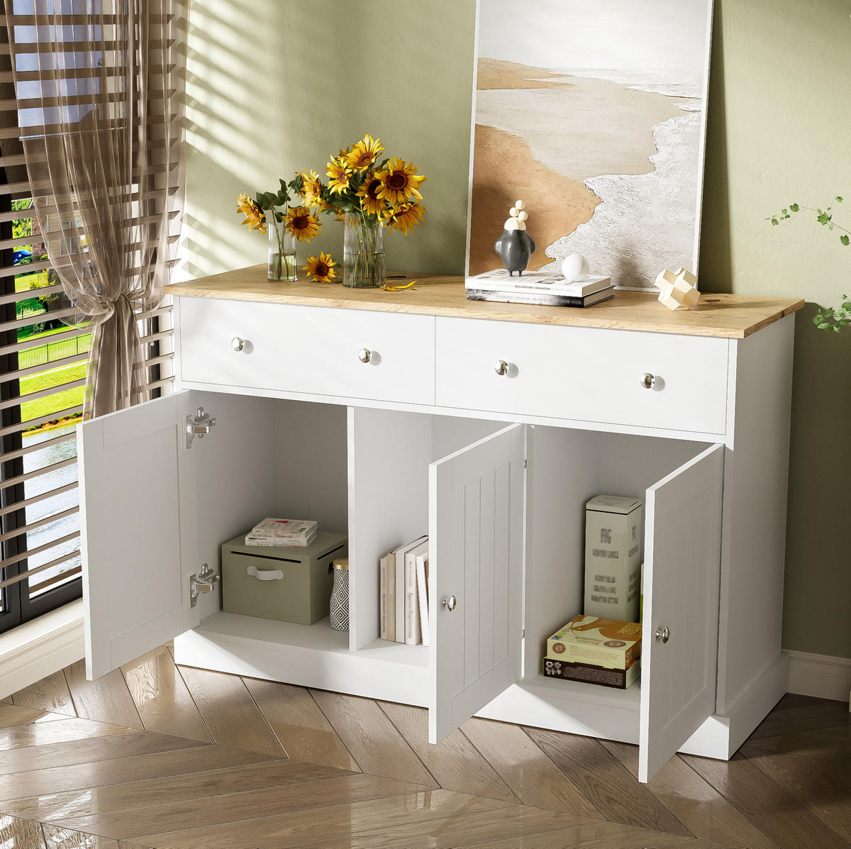 SIDEBOARD mit 3 Türen und 2 Schubladen 120 cm Weiß/Holzfarbe - Weiß, Holzwerkstoff (120/80.5/36cm) - Meubliv