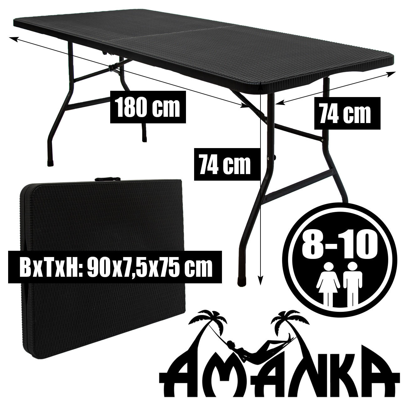 GARTEN-SITZGRUPPE für 6 Personen, 180/74cm, Rattan - Schwarz, Kunststoff - Amanka