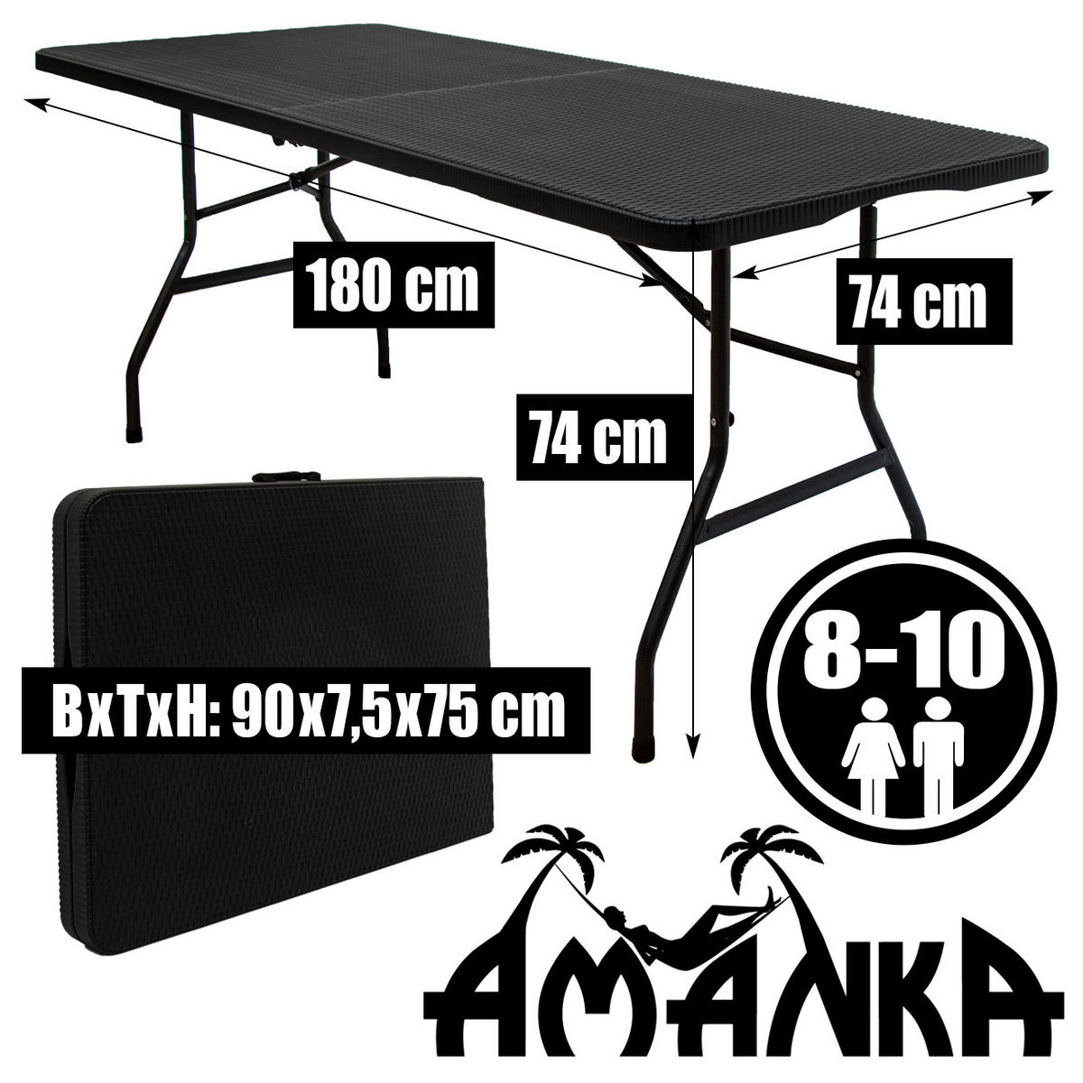 GARTEN-SITZGRUPPE für 6 Personen, 180/74cm, Rattan - Schwarz, Kunststoff - Amanka