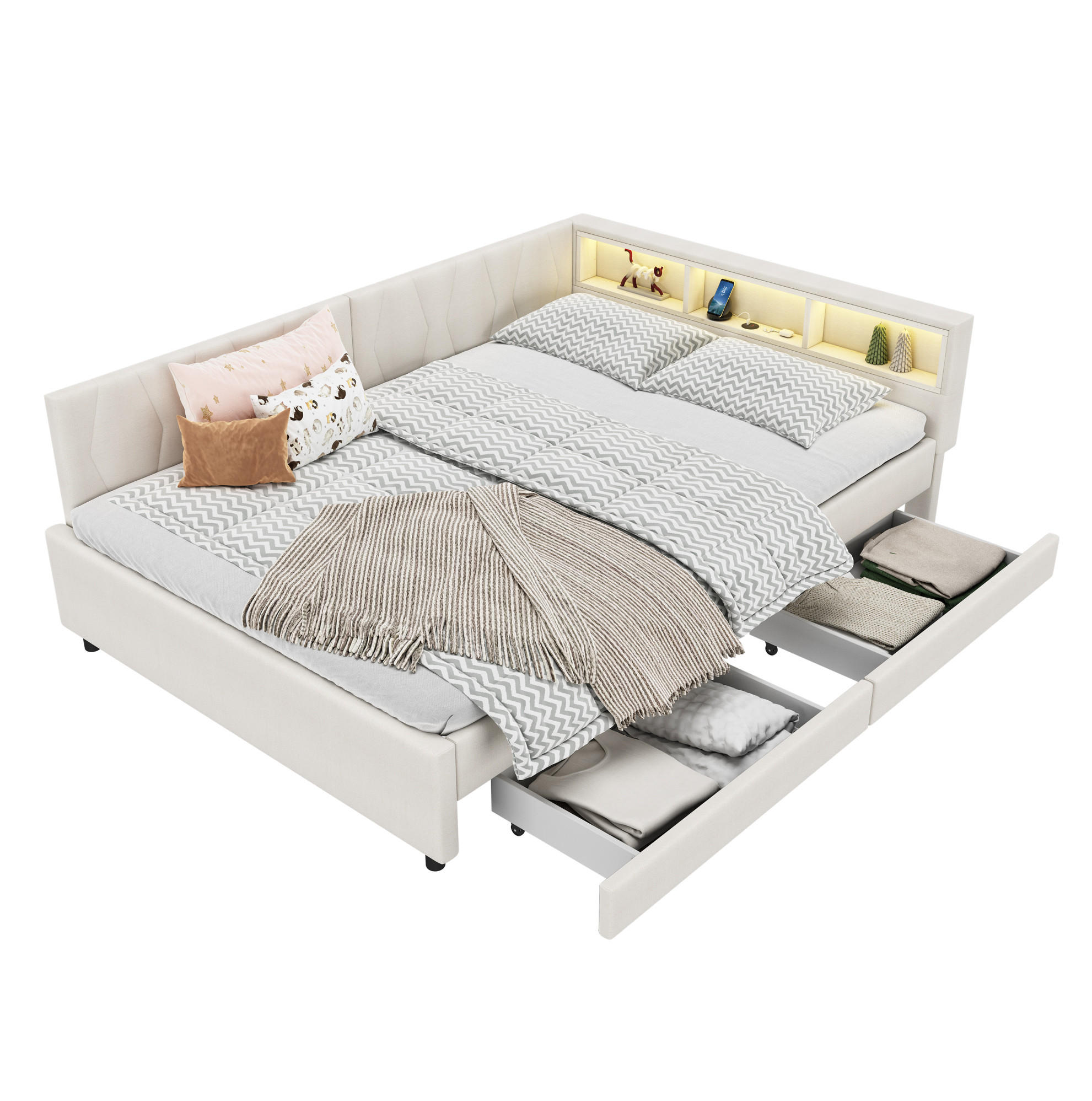 POLSTERBETT 140/200 cm aus Leinen mit LED-Beleuchtung und 2 Schubladen - Beige, Textil (140/200cm) - Flora Grace