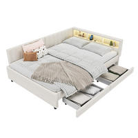 POLSTERBETT 140/200 cm aus Leinen mit LED-Beleuchtung und 2 Schubladen - Beige, Textil (140/200cm) - Flora Grace