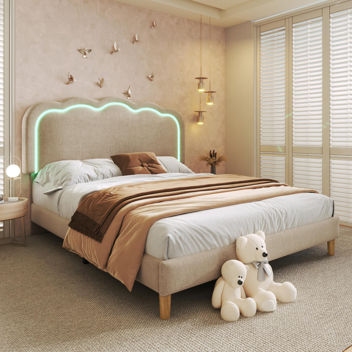 POLSTERBETT 140/200 cm in Beige Samt mit Lattenrost - Beige, Holz/Textil (140/200cm) - KOMHTOM