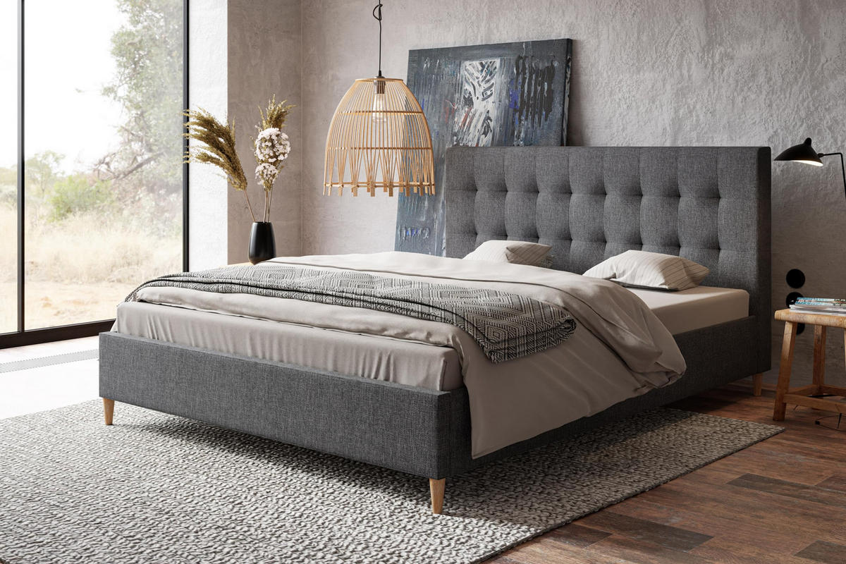 POLSTERBETT LUX Rio mit Kopfteil, 160 x 200 cm, Doppelbett mit Lattenrost aus Holz, Strukturstoff Dunkelgrau, Füße in Farbe: Braun - Dunkelgrau, Holz/Textil (160/200cm) - Alpi-Möbel