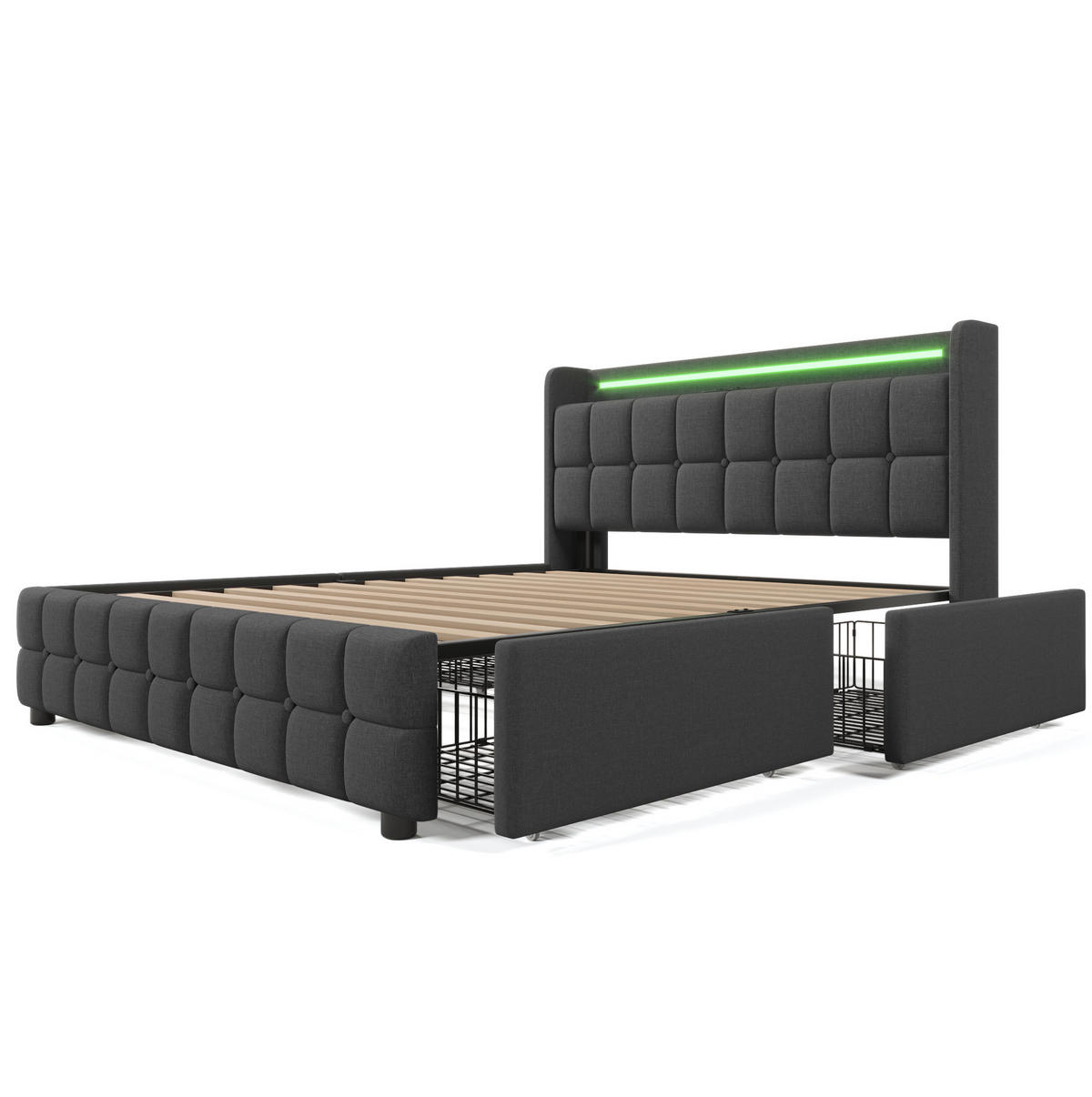OBLAZINJENA lesena postelja 140/200 cm z LED osvetlitvijo, USB priključki, vtičnicami in 4 predali, Siva - siva, les (140/140cm) - Redom