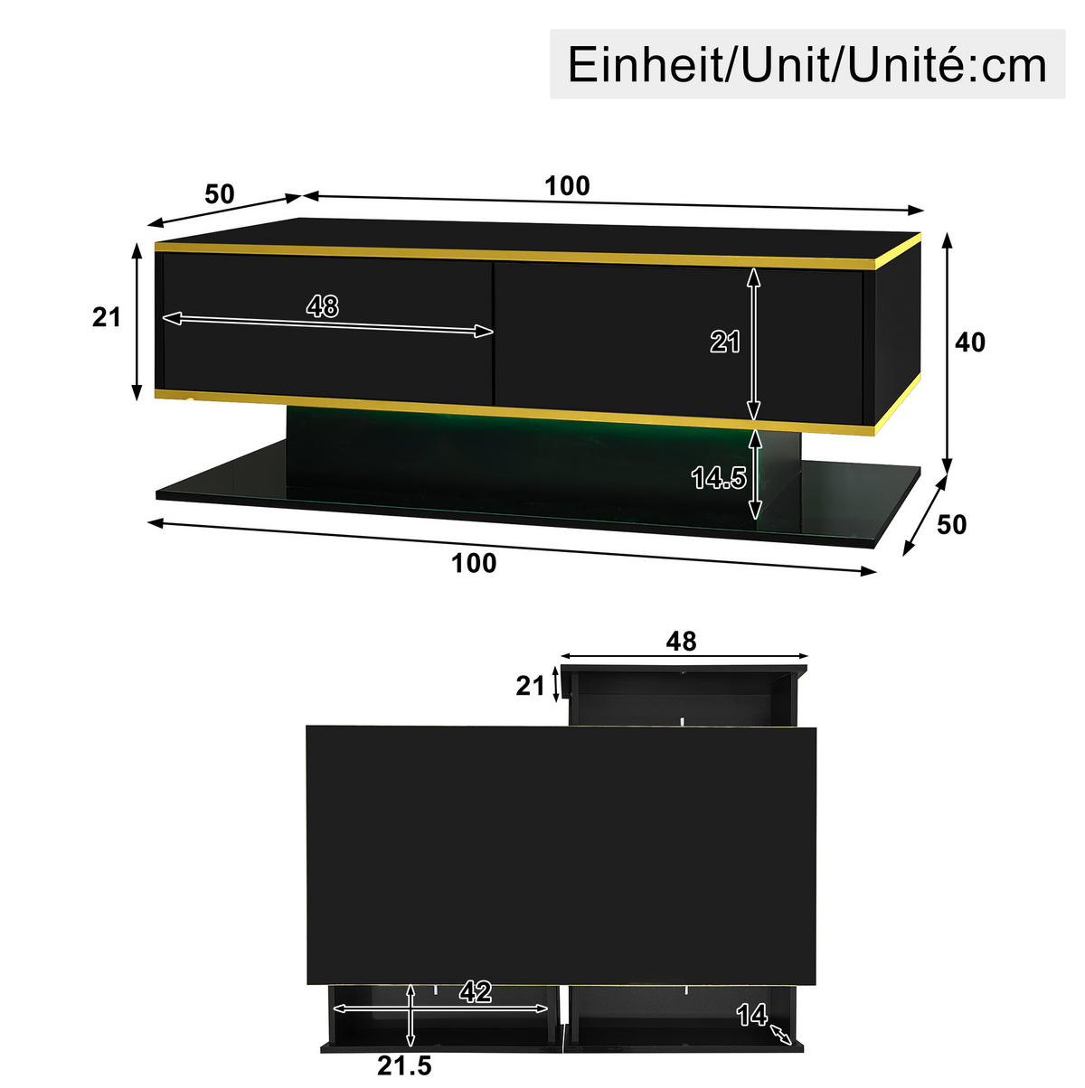 COUCHTISCH aus Spanplatte 100x50x40 cm in Schwarz mit LED-Beleuchtung - Schwarz, Holzwerkstoff (100/50/40cm) - Modfu
