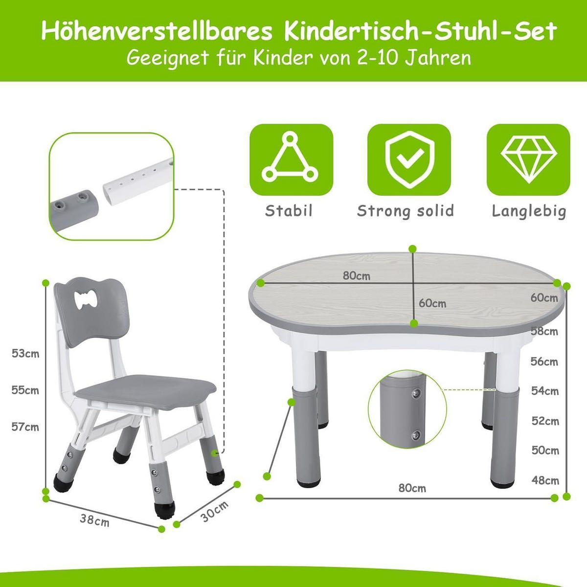 KINDERTISCH- und Stuhlset 3-teilig höhenverstellbar Grau - Multicolor, Kunststoff (60/60/80cm)