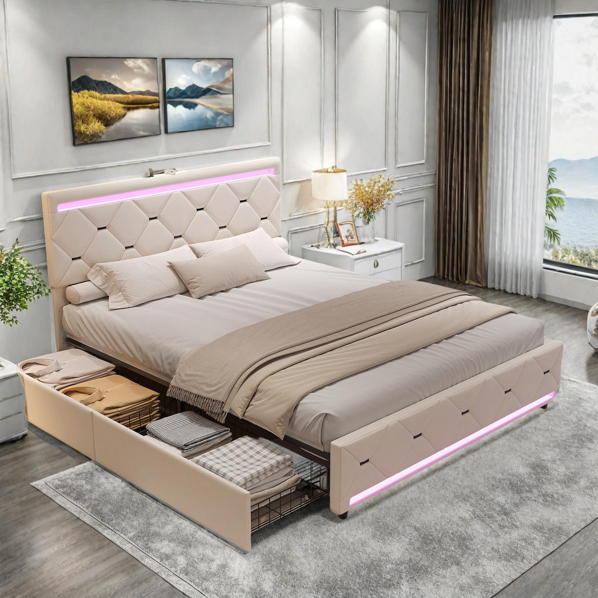 POLSTERBETT 140x200 cm Beige Samt LED USB 4 Schubladen - Beige, Metall (140/200cm) - SHOPENTRA