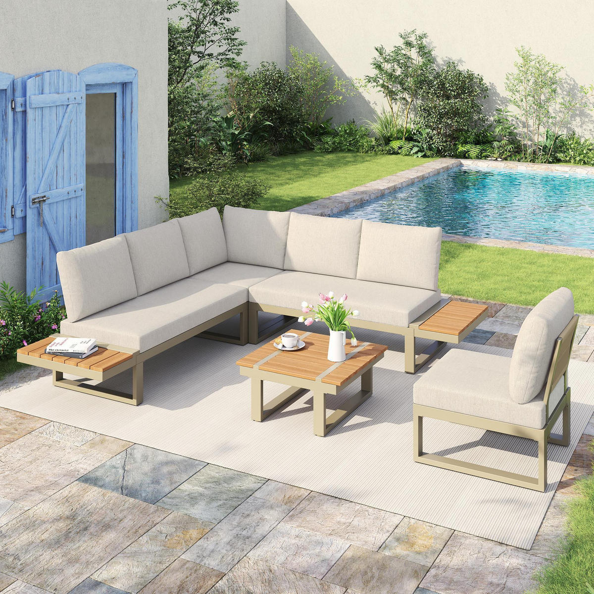 LOUNGEGARNITUR mit Couchtisch, Beige - Beige, Metall - KOMHTOM