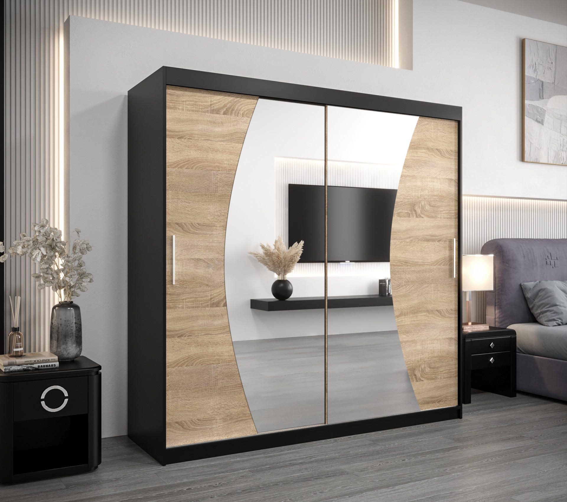 SCHWEBETÜRENSCHRANK 200/200/62 2-türig - Silberfarben/Schwarz, Holz/Kunststoff (200/200/62cm) - Abiks Möbel