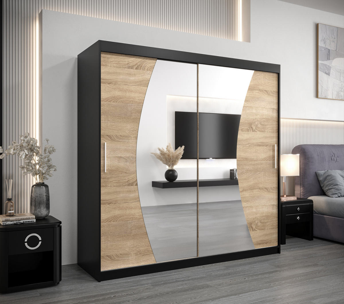 SCHWEBETÜRENSCHRANK 200/200/62 2-türig - Silberfarben/Schwarz, Holz/Kunststoff (200/200/62cm) - Abiks Möbel