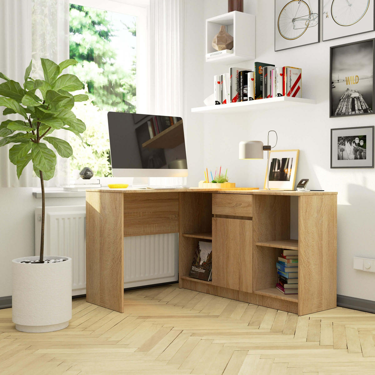 SCHREIBTISCH Eiche Sonoma 79/120/126 - Sonoma Eiche, Holzwerkstoff (126/120/79cm) - RAUMHIRSCH FURNITURE