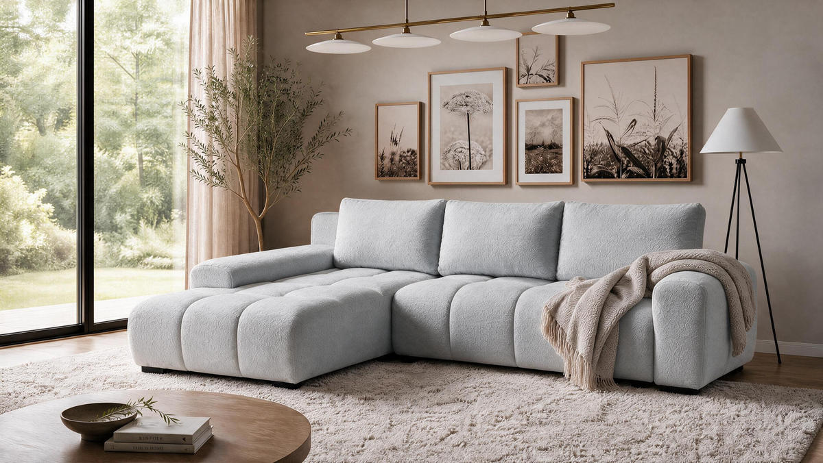ECKSOFA Ovia mit Bettkasten und Schlaffunktion, Bouclé-Stoff in L-Form - Hellgrau, Textil (270/185cm)