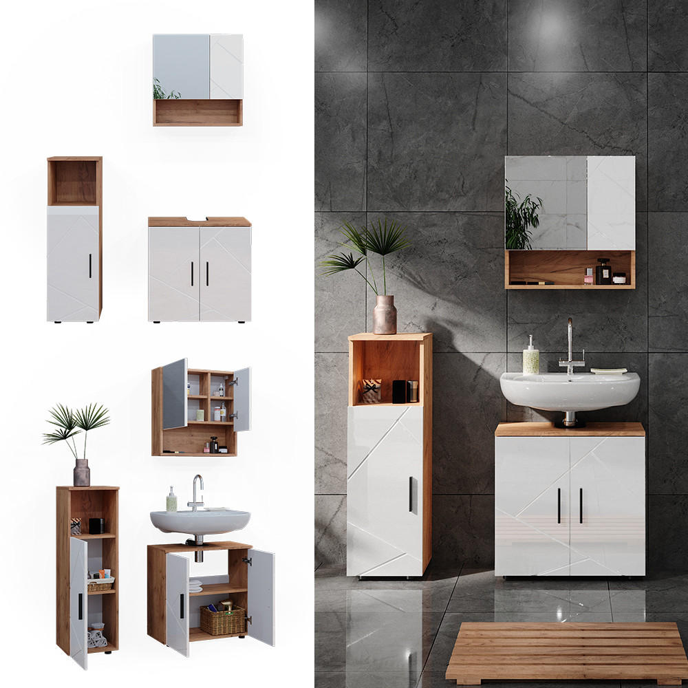 BADMÖBEL-SET Irma Weiß Hochglanz/Goldkraft Eiche 3 Teile - Weiß Hochglanz/Eiche Wotan, Holzwerkstoff (80/58.6/41cm) - Vicco
