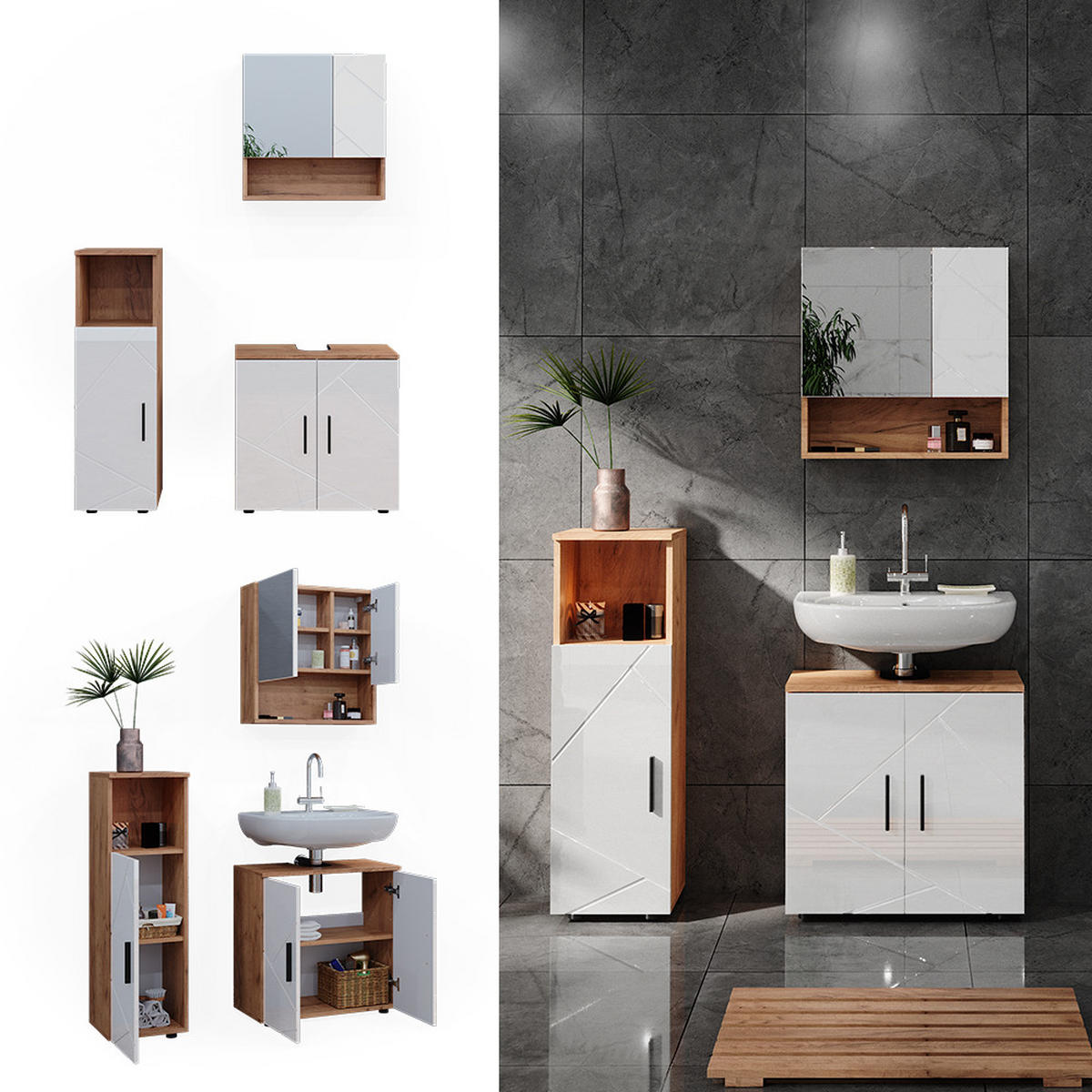 BADMÖBEL-SET Irma Weiß Hochglanz/Goldkraft Eiche 3 Teile - Weiß Hochglanz/Eiche Wotan, Holzwerkstoff (80/58.6/41cm) - Vicco