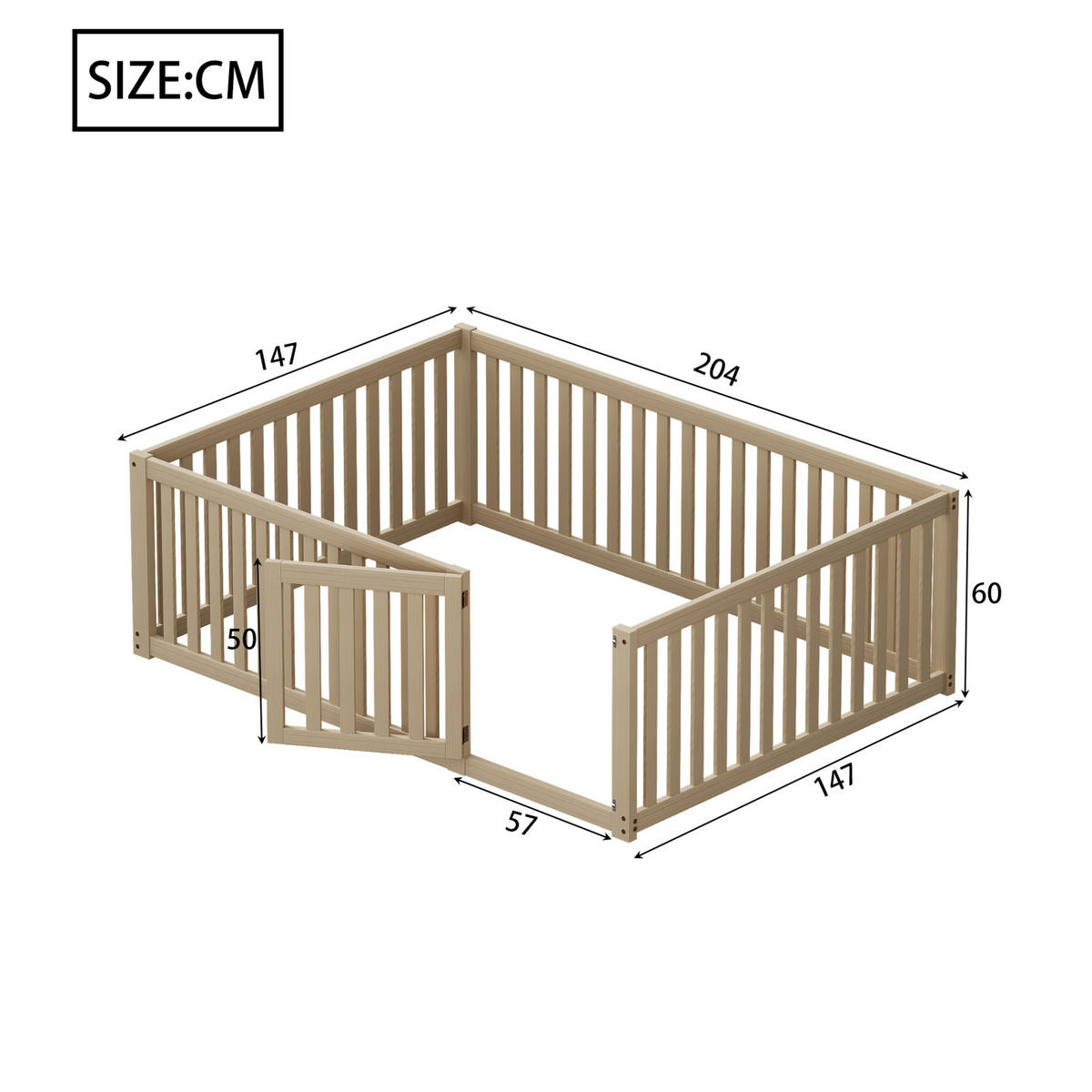 BETT 140/200 cm aus Massivholz in Natur – Bodenbett mit Zaun und Tür - Naturfarben, Holz (140/200cm) - BEAOK