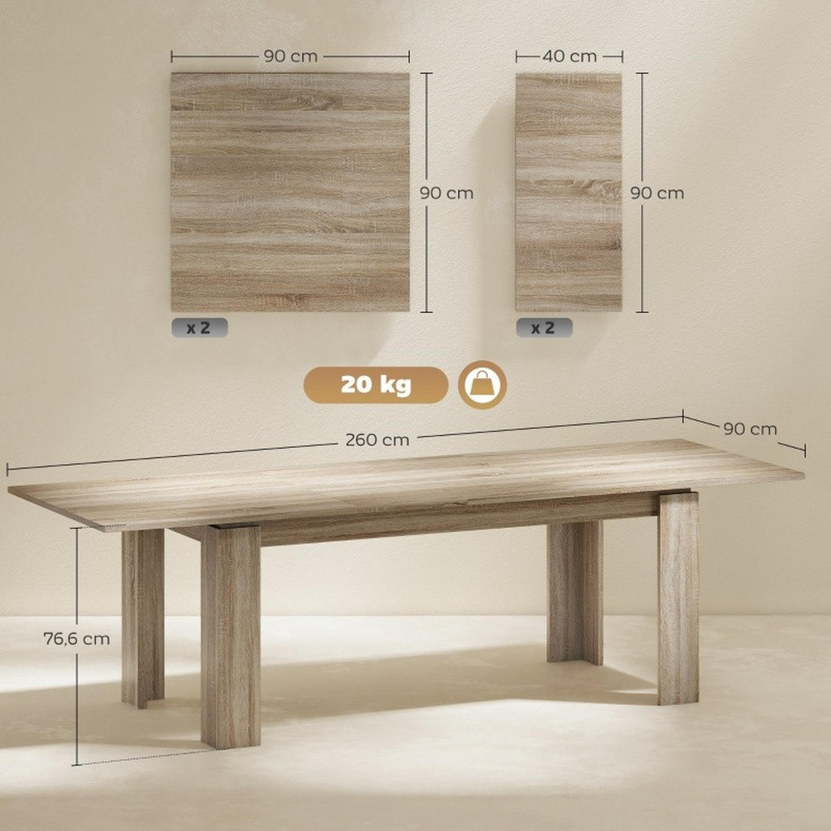 ESSTISCH aus Holz 180-260x90x76,6 cm Eiche ausziehbar mit Schmetterlingsmechanismus und integrierten Erweiterungsplatten - Eichefarben, Holz (260/90/76.6cm) - Modfu
