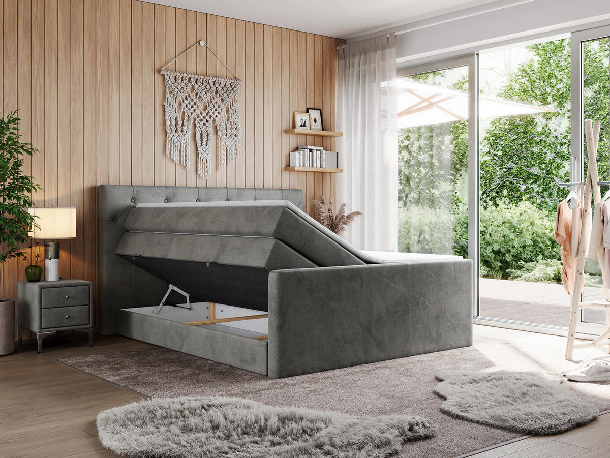 BOXSPRINGBETT KING VELEN 140/200 Dunkelgrau Velvet - H3 - Dunkelgrau, Holz/Textil (140/200cm) - MKS