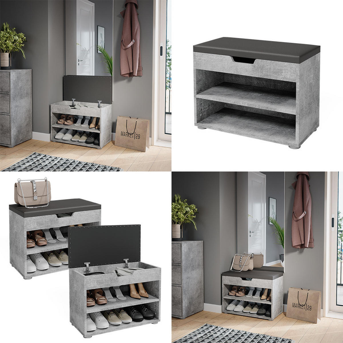 SCHUHBANK Rolfe Beton 60 x 45 cm - Grau, Holzwerkstoff (60/45/30cm) - Vicco