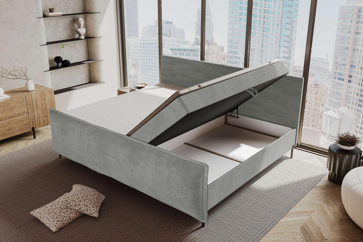 FAMILIENBETT BOXSPRINGBETT VERO PLUS Cordstoff Hellgrau 260/200 cm - Hellgrau/Schwarz, Holzwerkstoff/Textil (260/200cm) - 99rooms