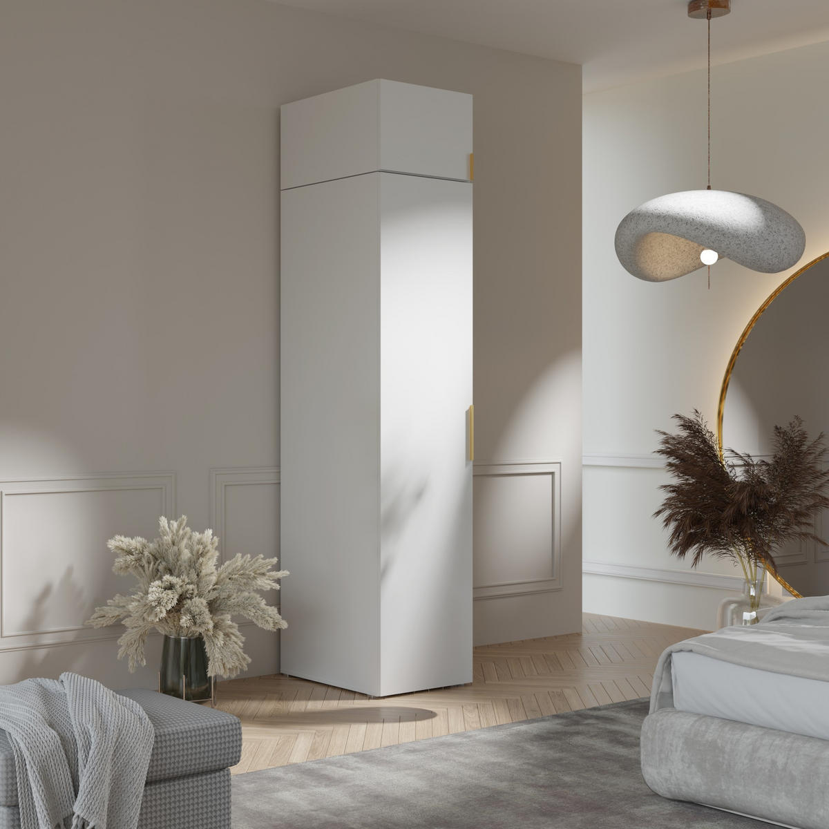 DREHTÜRENSCHRANK mit Einlegeböden und Aufsatz Napoli 1D 50 Weiß (schwarzer oder goldener Griff) - Silberfarben/Schwarz, Holzwerkstoff/Kunststoff (50/35/60cm) - mzm24